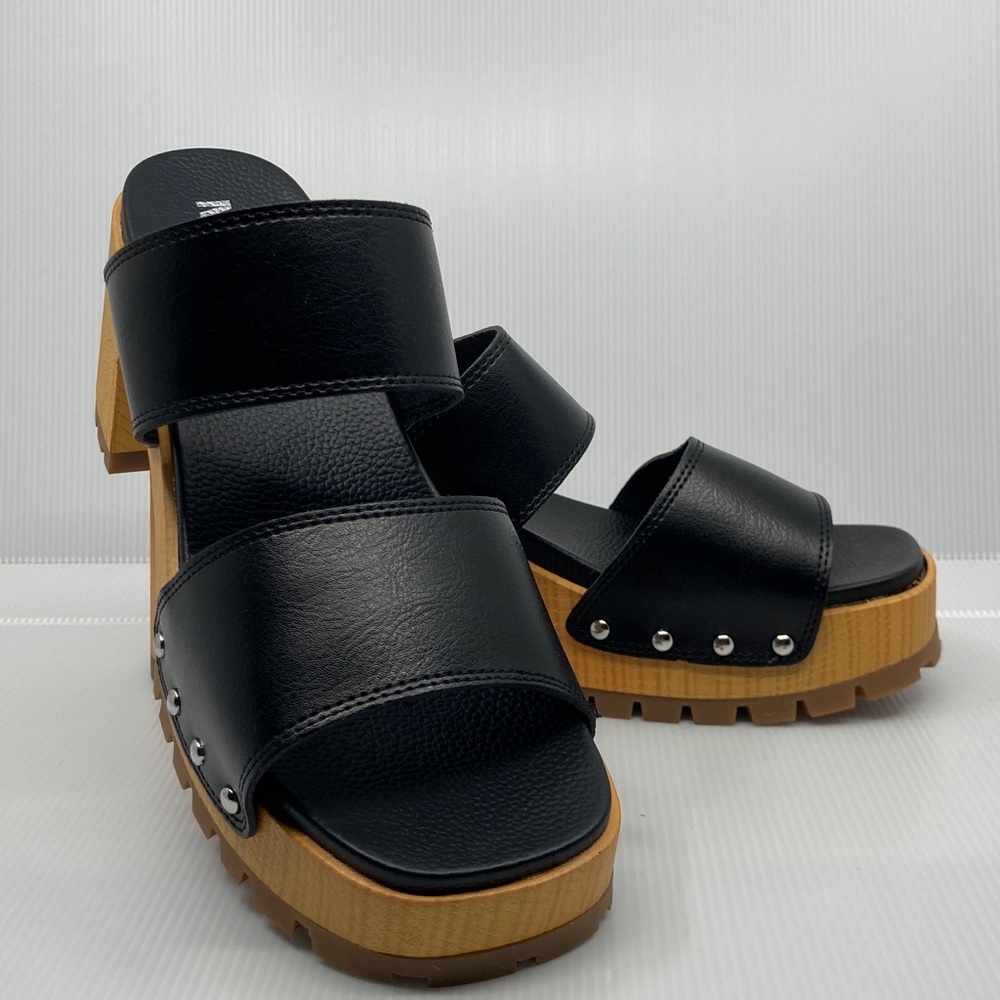 MIA Black Leather Double Strap Platform Mules